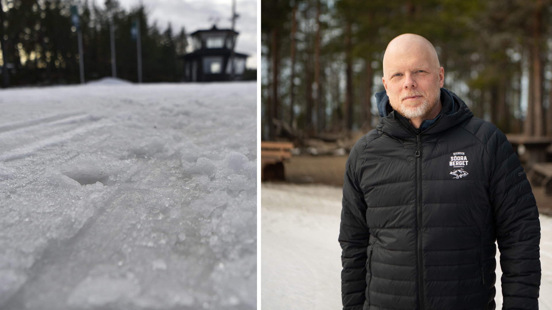 Man står på höger sida av bilden i en svart jacka framför snö och skog. Till vänster är en inzoomad bild av snö spåren som är nertrampade och slaskiga.